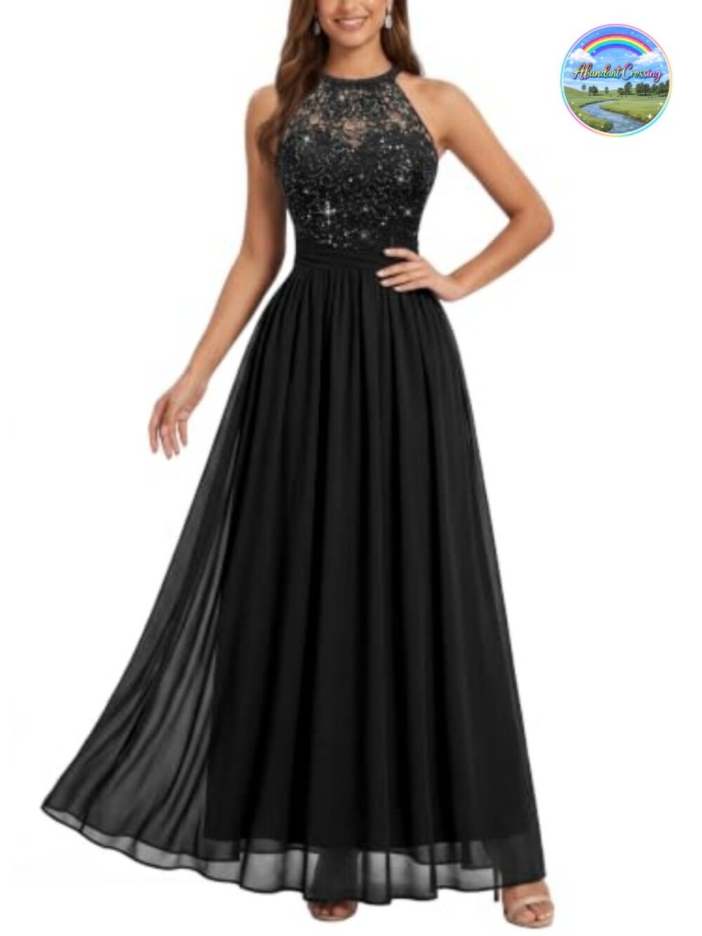 Halter Tie Back Sequin Lace Maxi Evening Dress Sleeveless Formal Gown